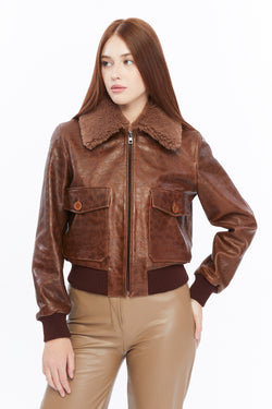 Image of Women's Leather Bomber Jacket, Rich Brown