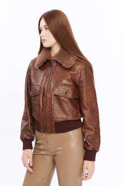 Image of Women's Leather Bomber Jacket, Rich Brown