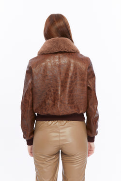 Image of Women's Leather Bomber Jacket, Rich Brown