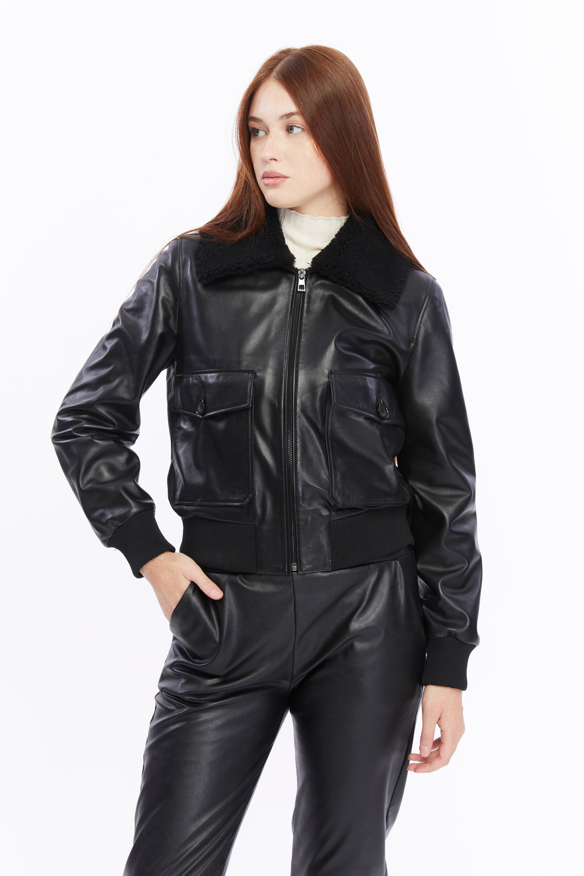 Women's Leather Bomber Jacket, Black