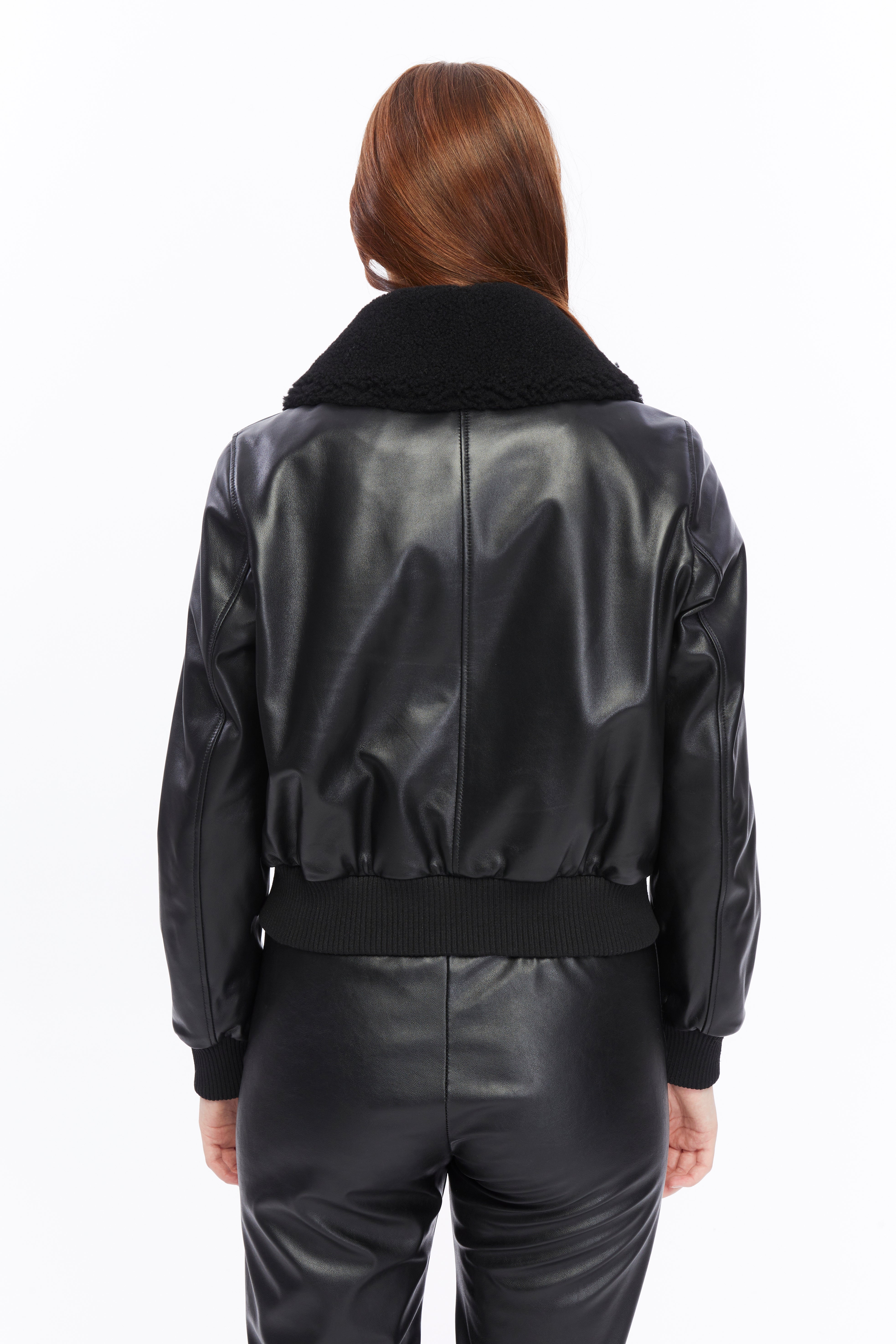 Women's Leather Bomber Jacket, Black