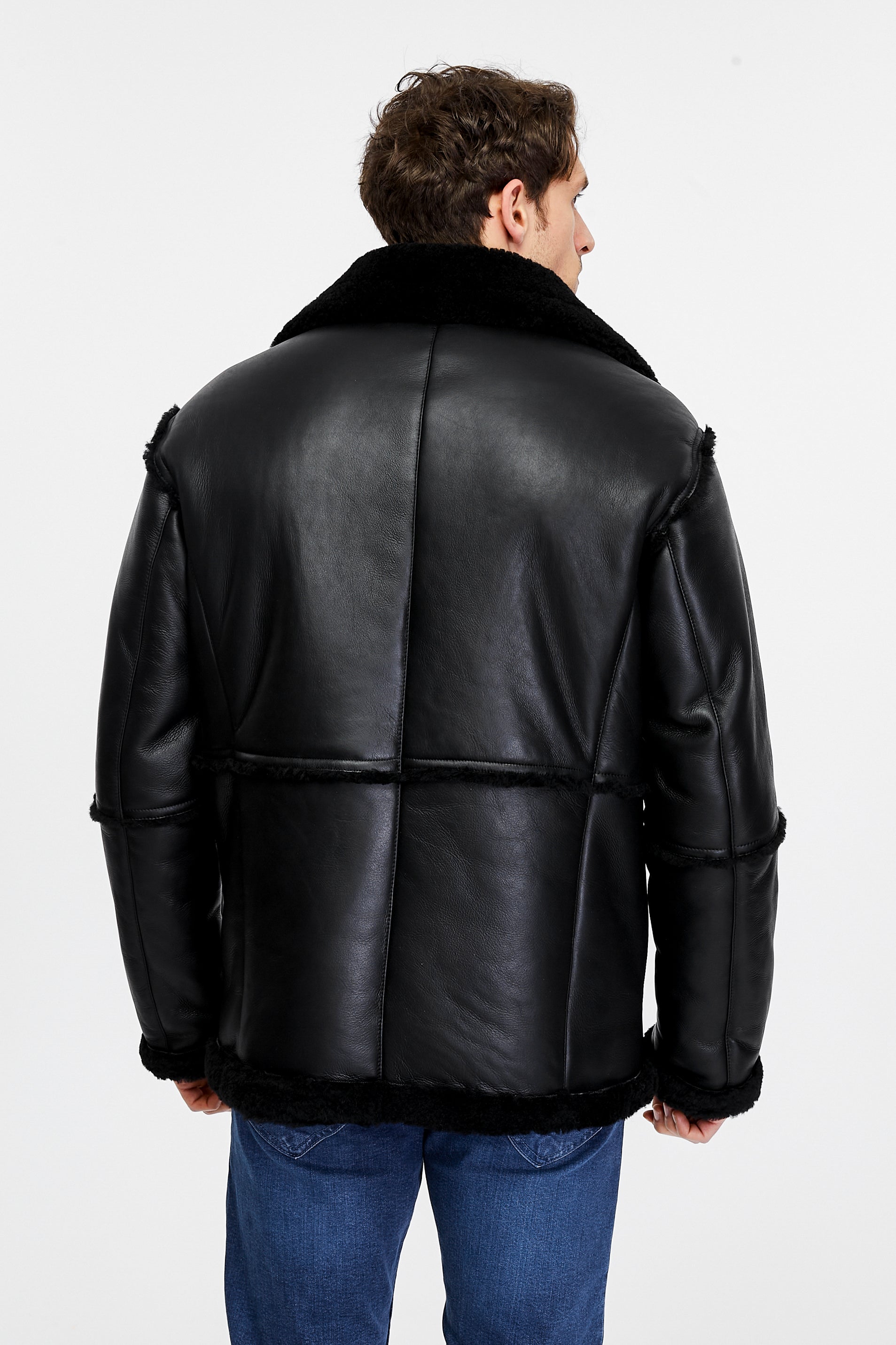 Men's Shearling Bomber Jacket, Black Wool