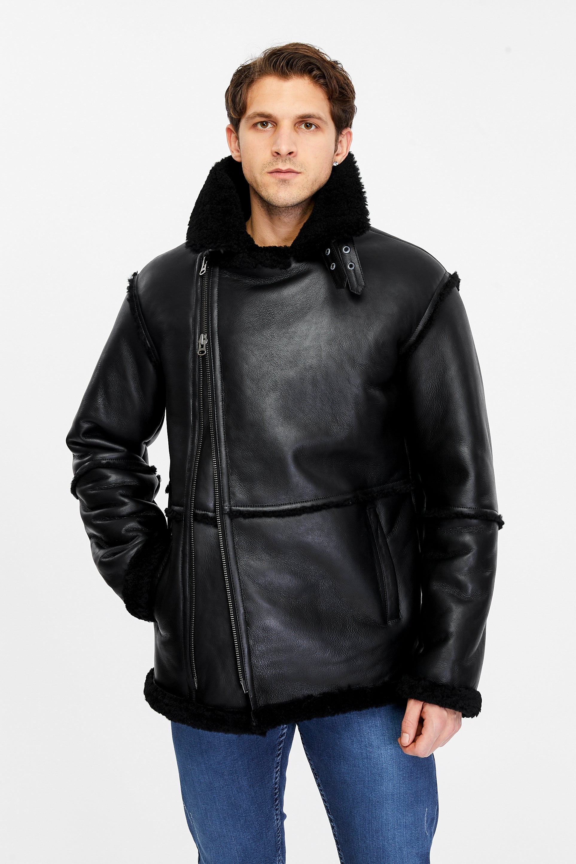 Men's Shearling Bomber Jacket, Black Wool