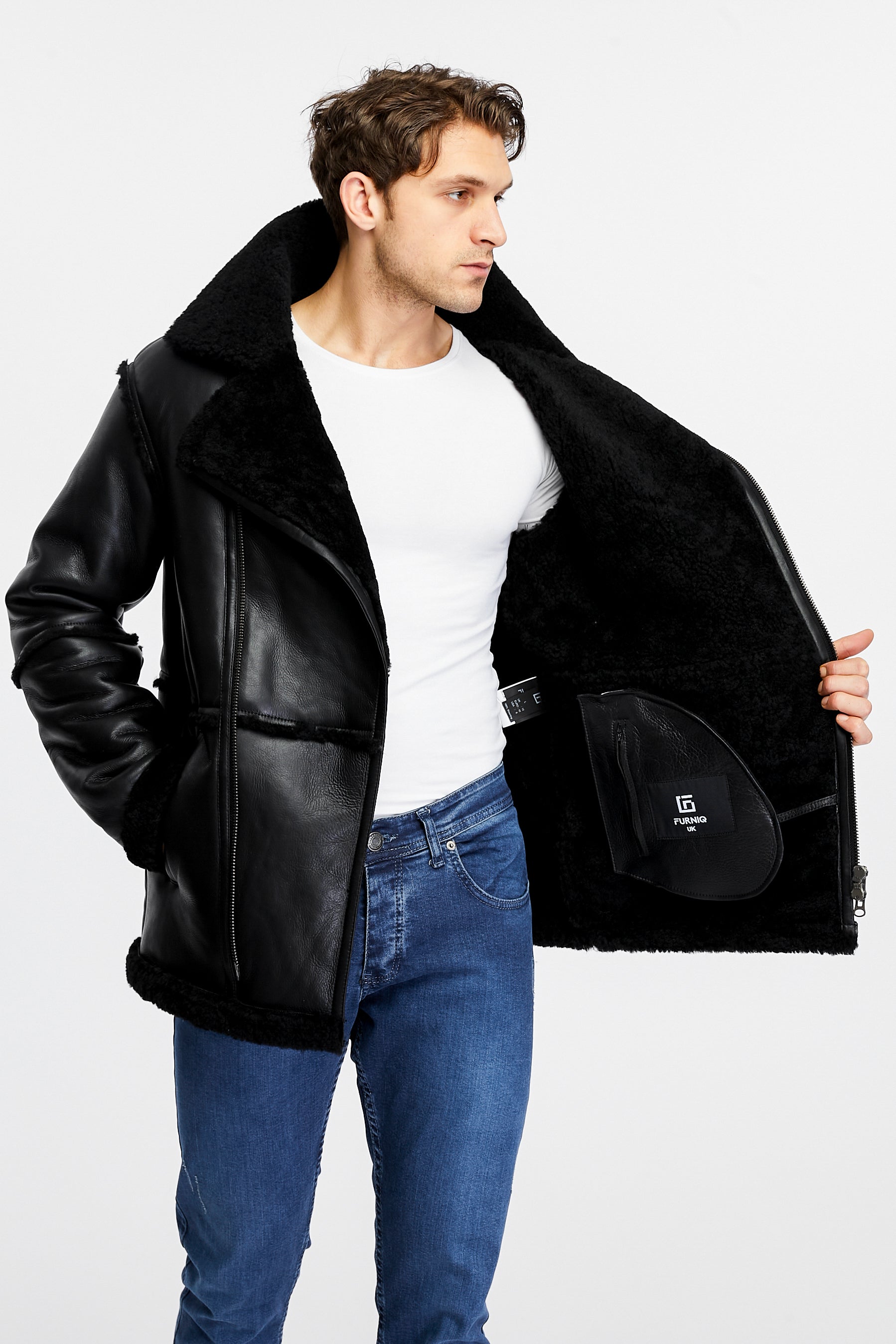 Men's Shearling Bomber Jacket, Black Wool