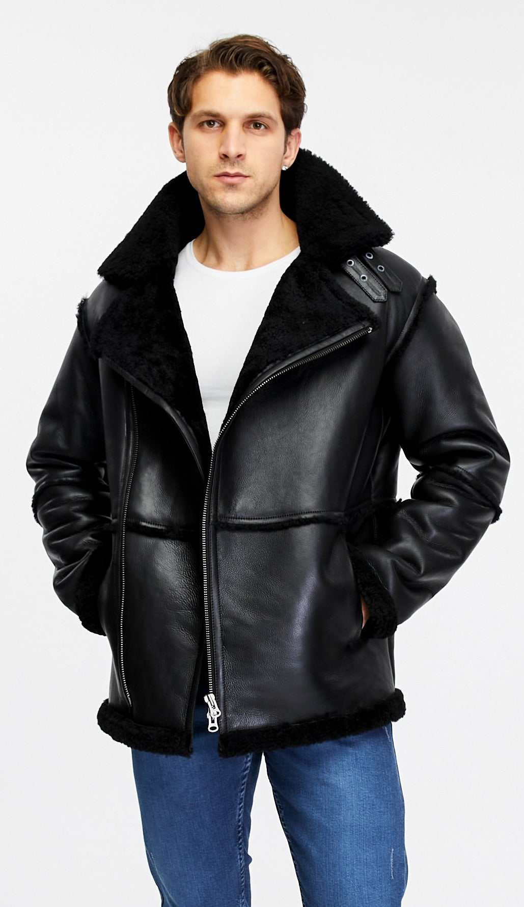 Men's Shearling Bomber Jacket, Black Wool