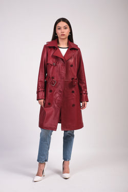 Image of Women's Leather Trench Coat, Burgundy