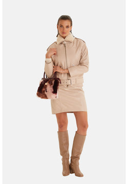 Image of Women's Genuine Leather Belted Biker Jacket, Nappa Beige