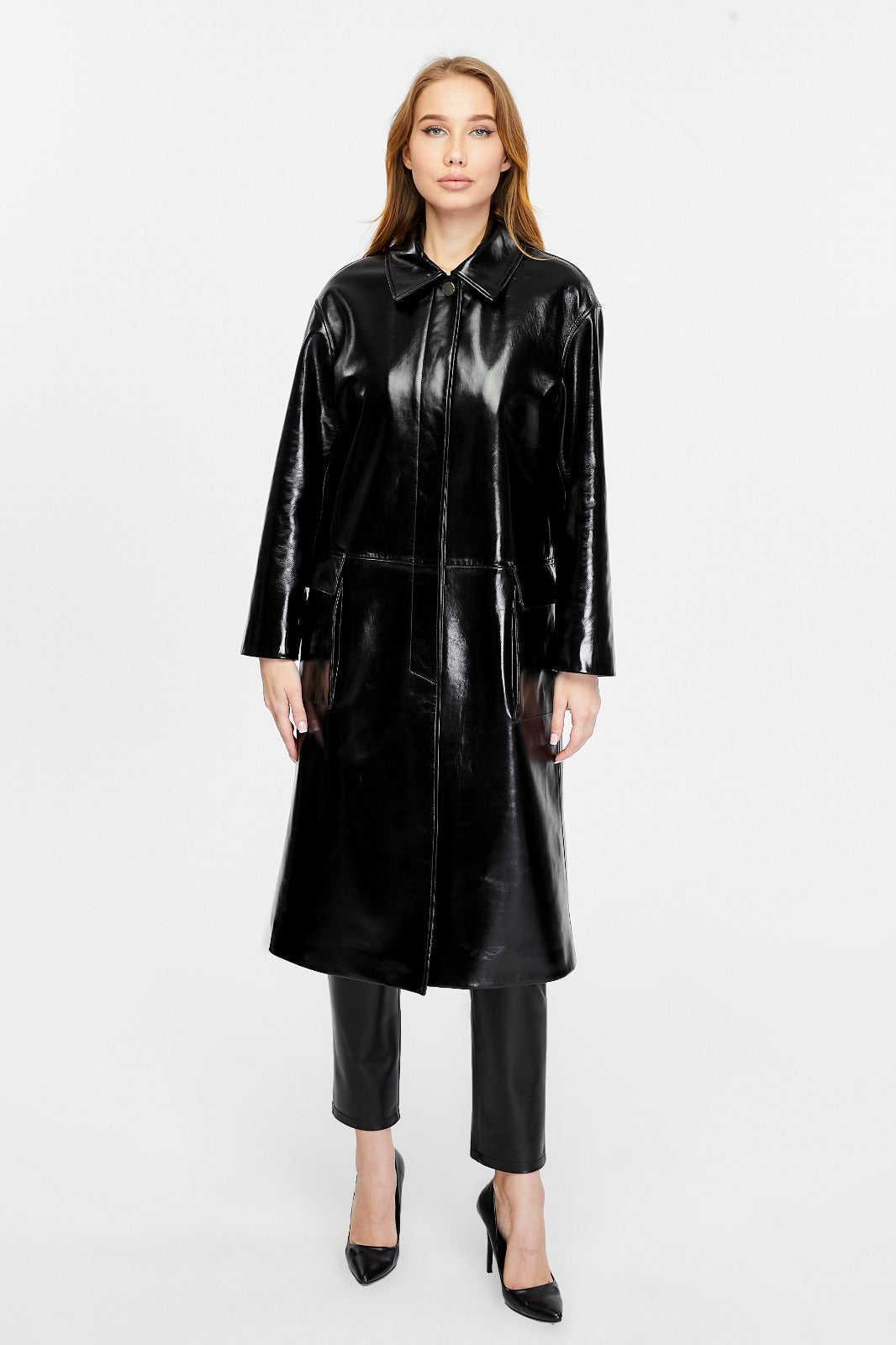 Women's Leather Trench Coat, Black