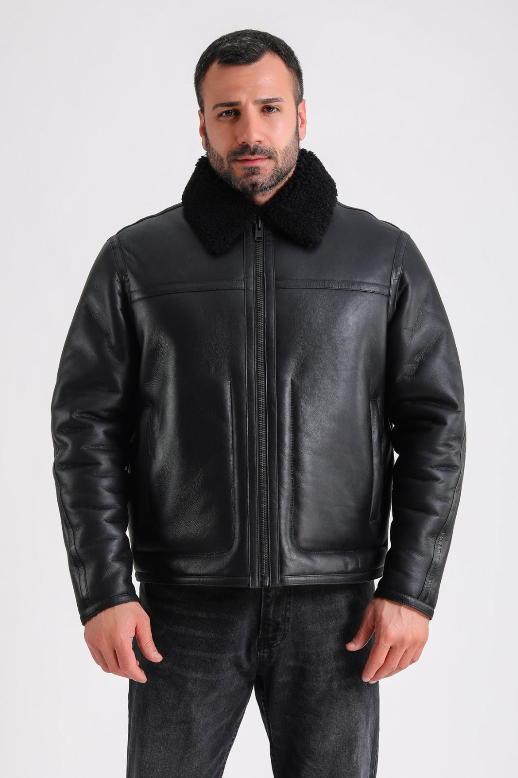 Men's Leather Shearling Jacket, Black