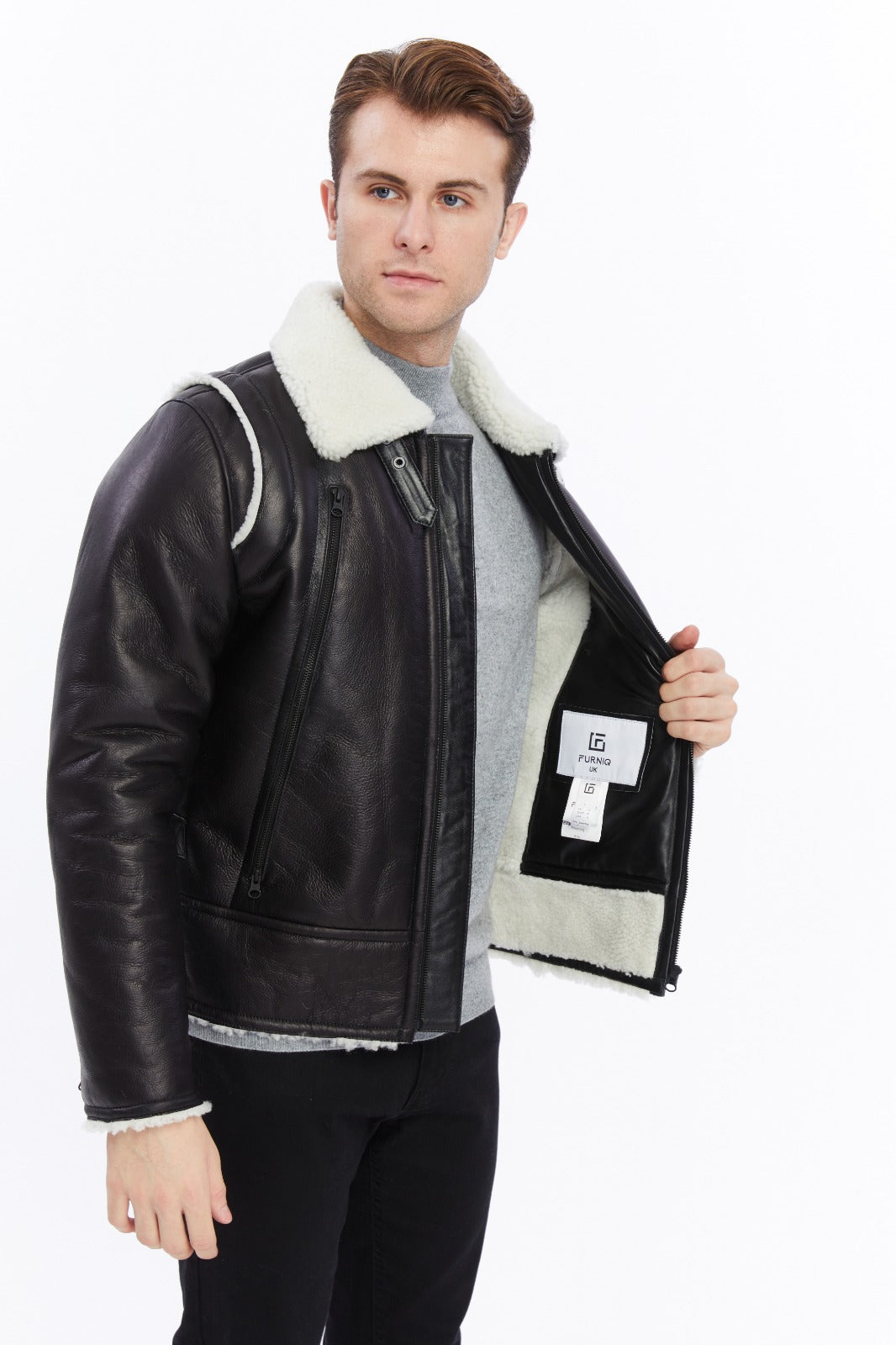 Premium Black Leather Jacket with Sheepskin-Like Interior - British Craftsmanship