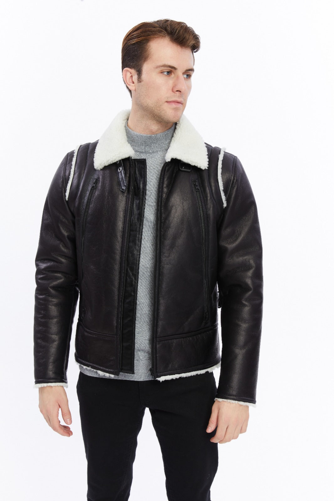 Premium Black Leather Jacket with Sheepskin-Like Interior - British Craftsmanship