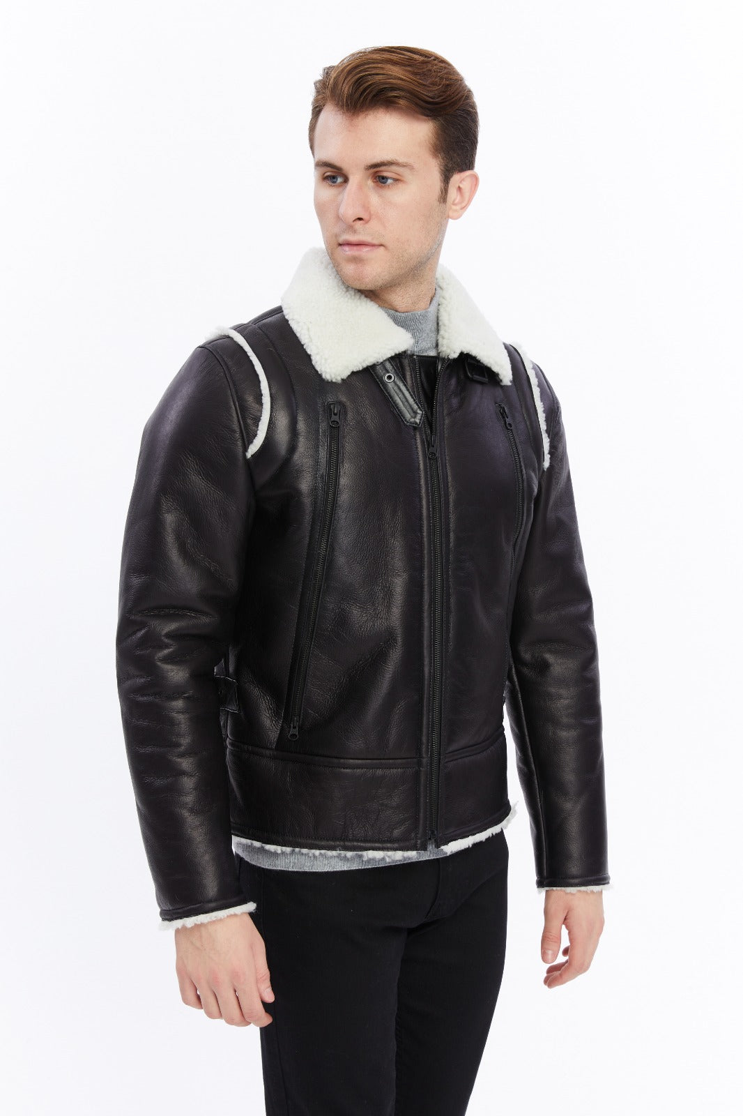 Premium Black Leather Jacket with Sheepskin-Like Interior - British Craftsmanship