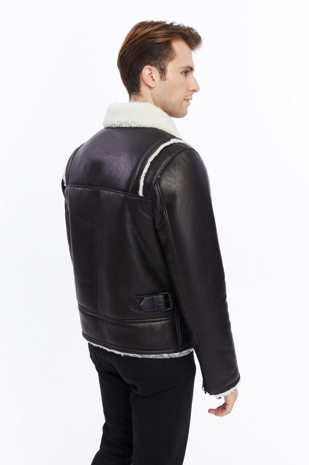 Premium Black Leather Jacket with Sheepskin-Like Interior - British Craftsmanship