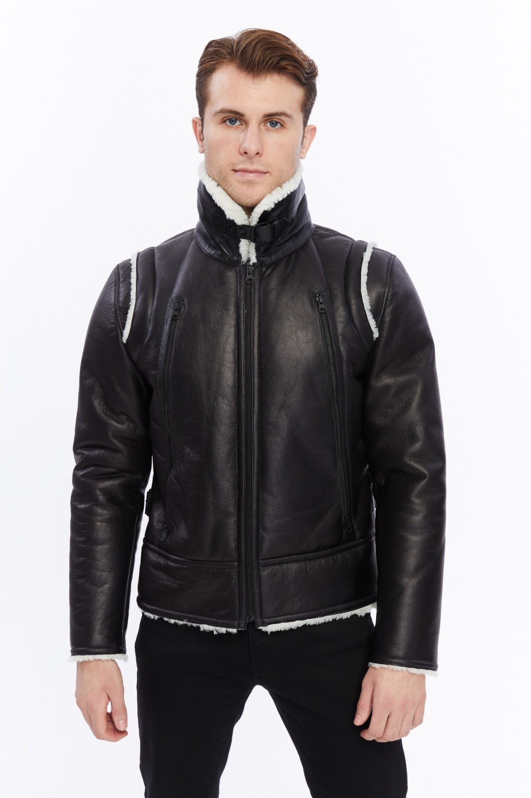 Premium Black Leather Jacket with Sheepskin-Like Interior - British Craftsmanship