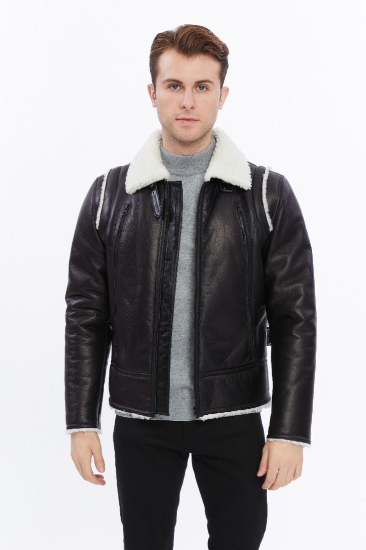 Premium Black Leather Jacket with Sheepskin-Like Interior - British Craftsmanship