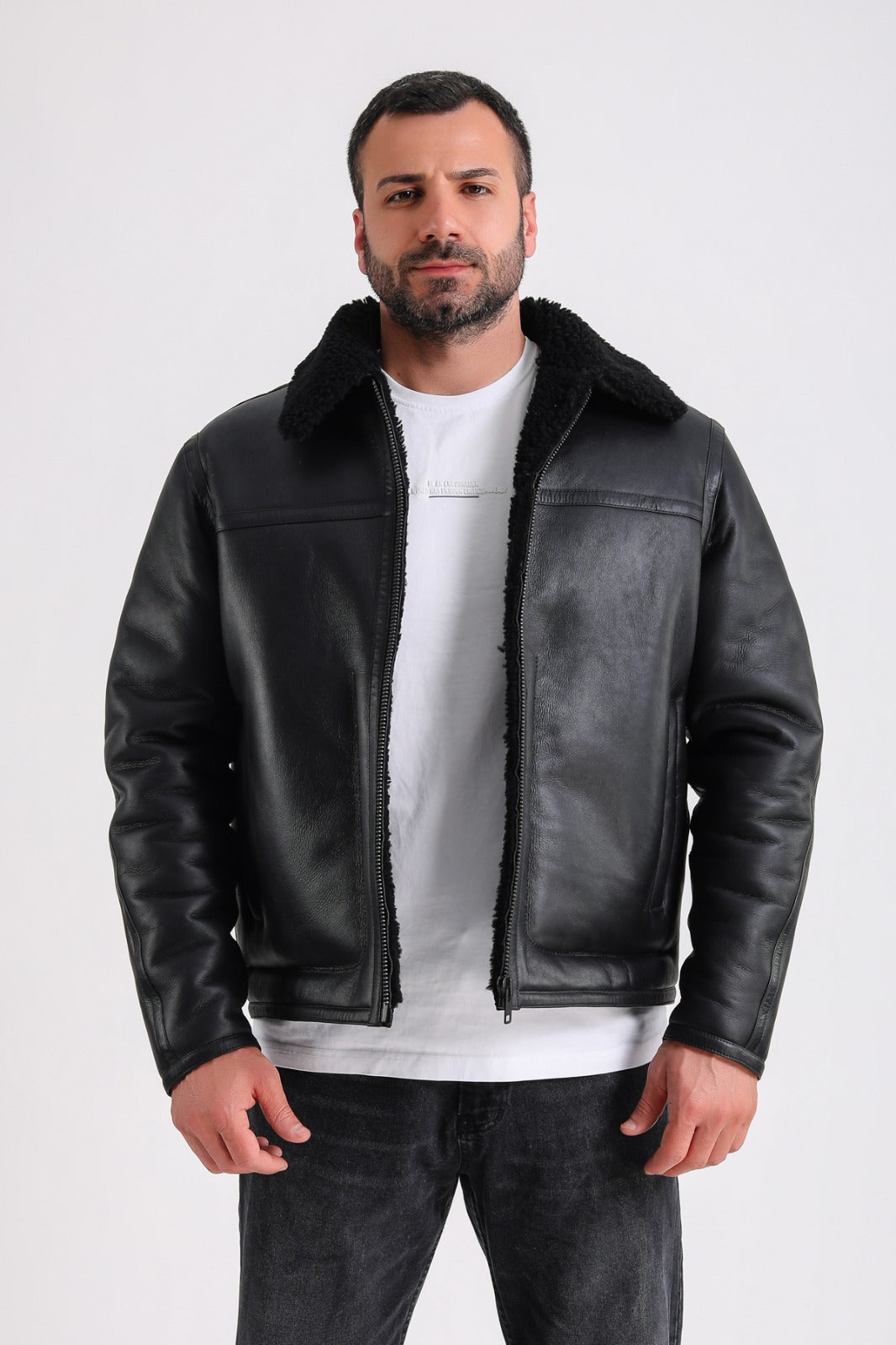 Men's Leather Shearling Jacket, Black