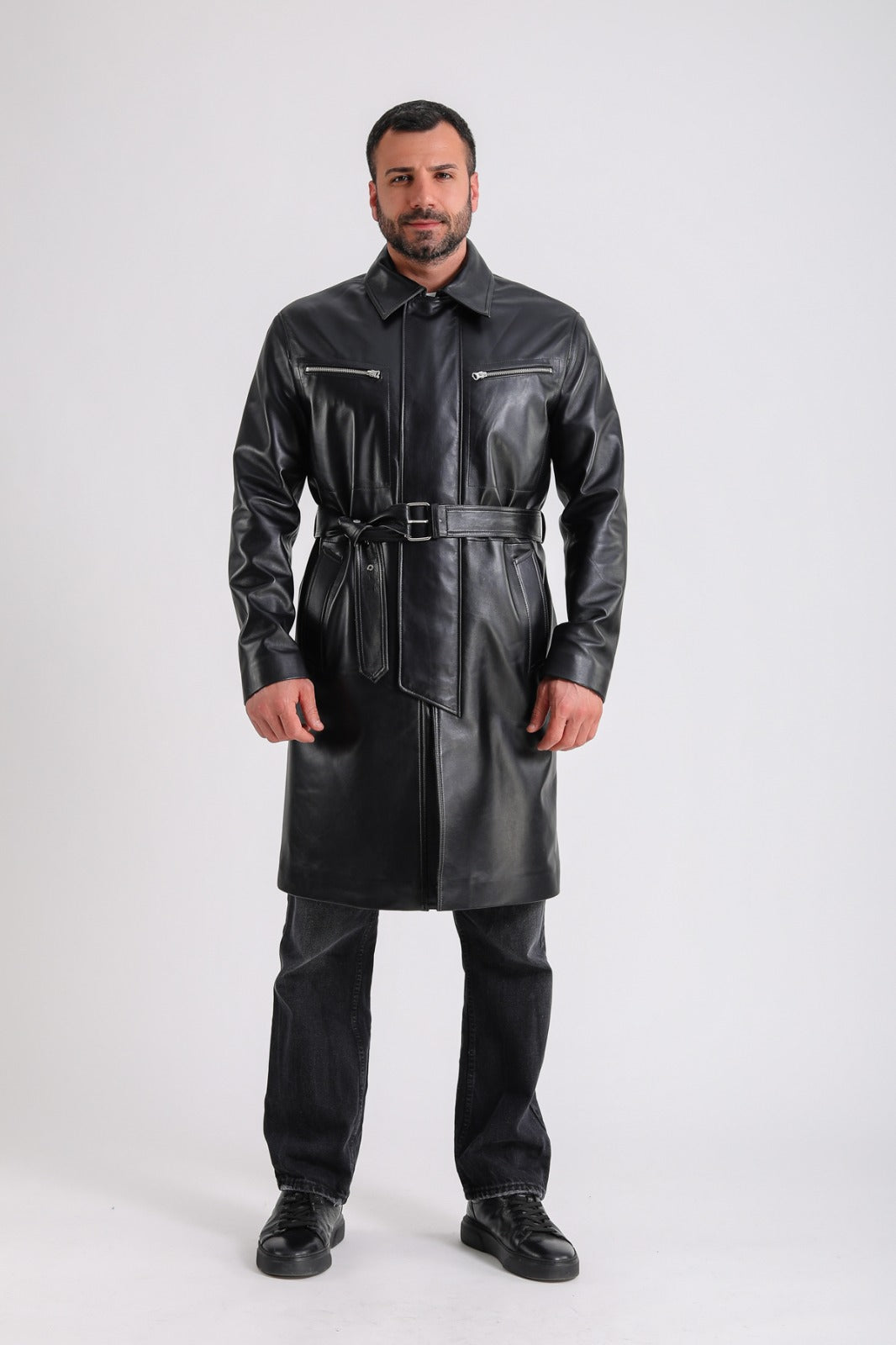 Men's Leather Trench Coat, Black