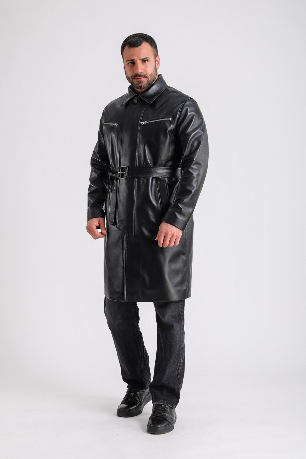 Men's Leather Trench Coat, Black