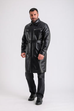 Image of Men's Leather Trench Coat, Black