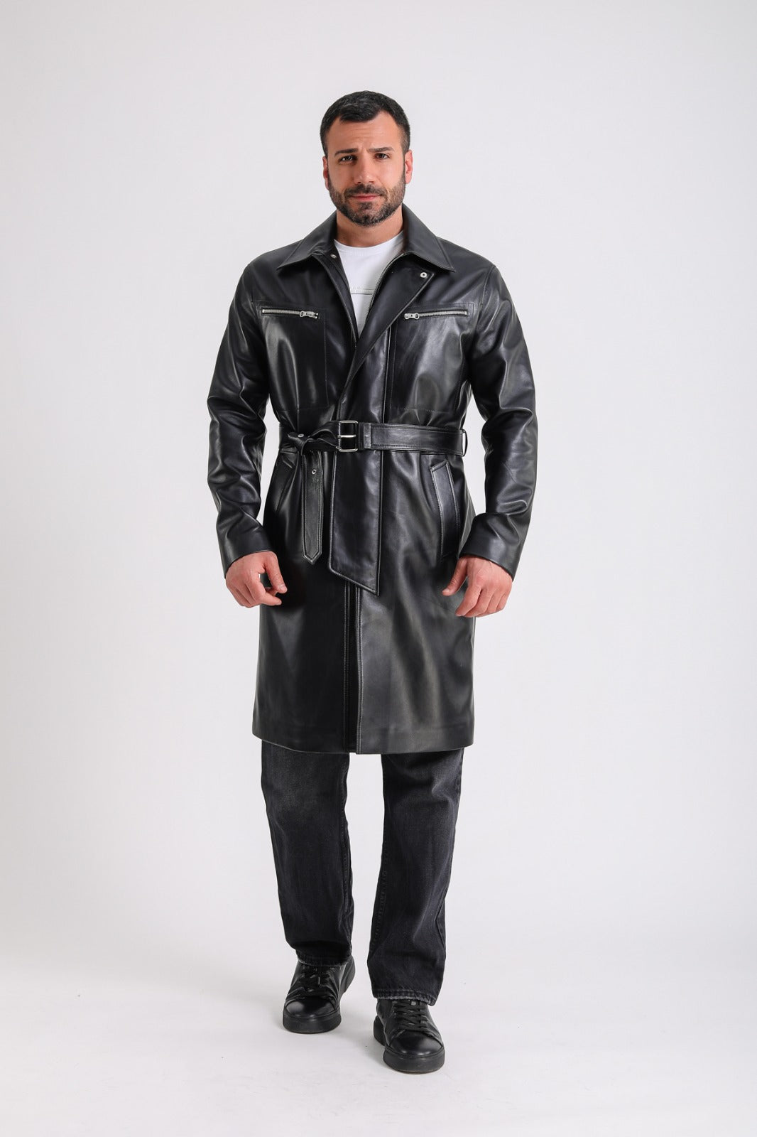 Men's Leather Trench Coat, Black