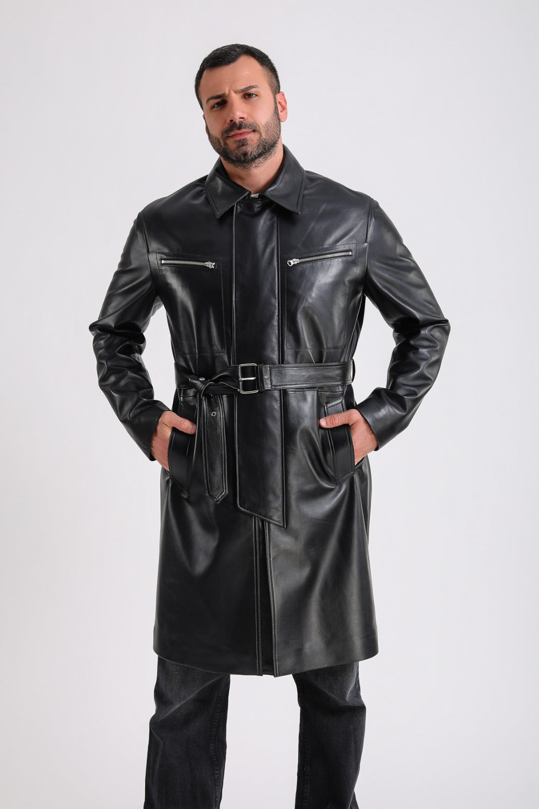 Men's Leather Trench Coat, Black