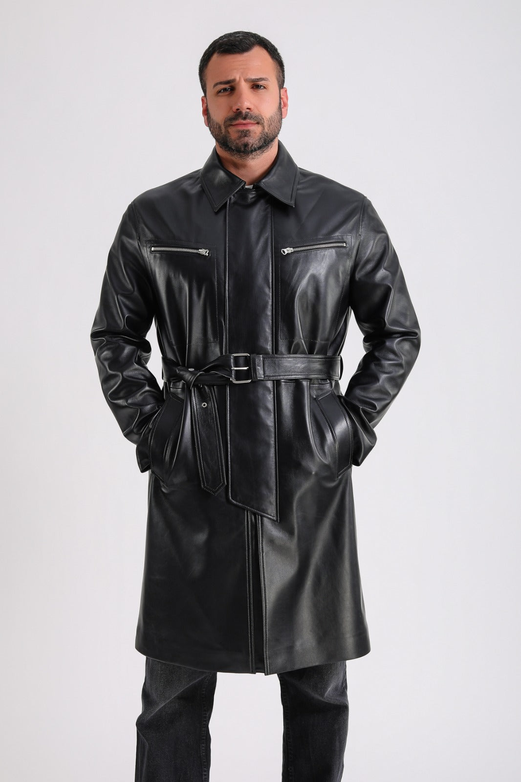 Men's Leather Trench Coat, Black