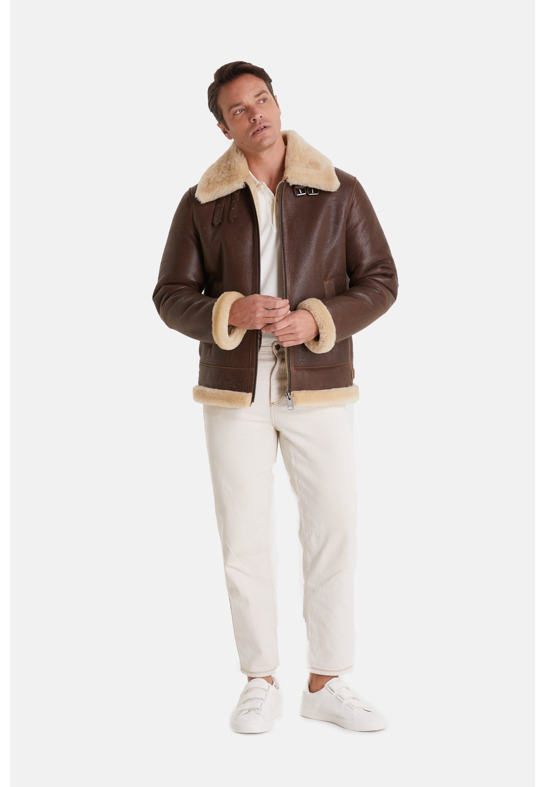 Men's Shearling Aviator Jacket ,Vintage Camel With Champagne Wool