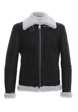 Image of Shearling RAF B3 pilotenjack voor heren, zwart gewassen met witte krullende wol