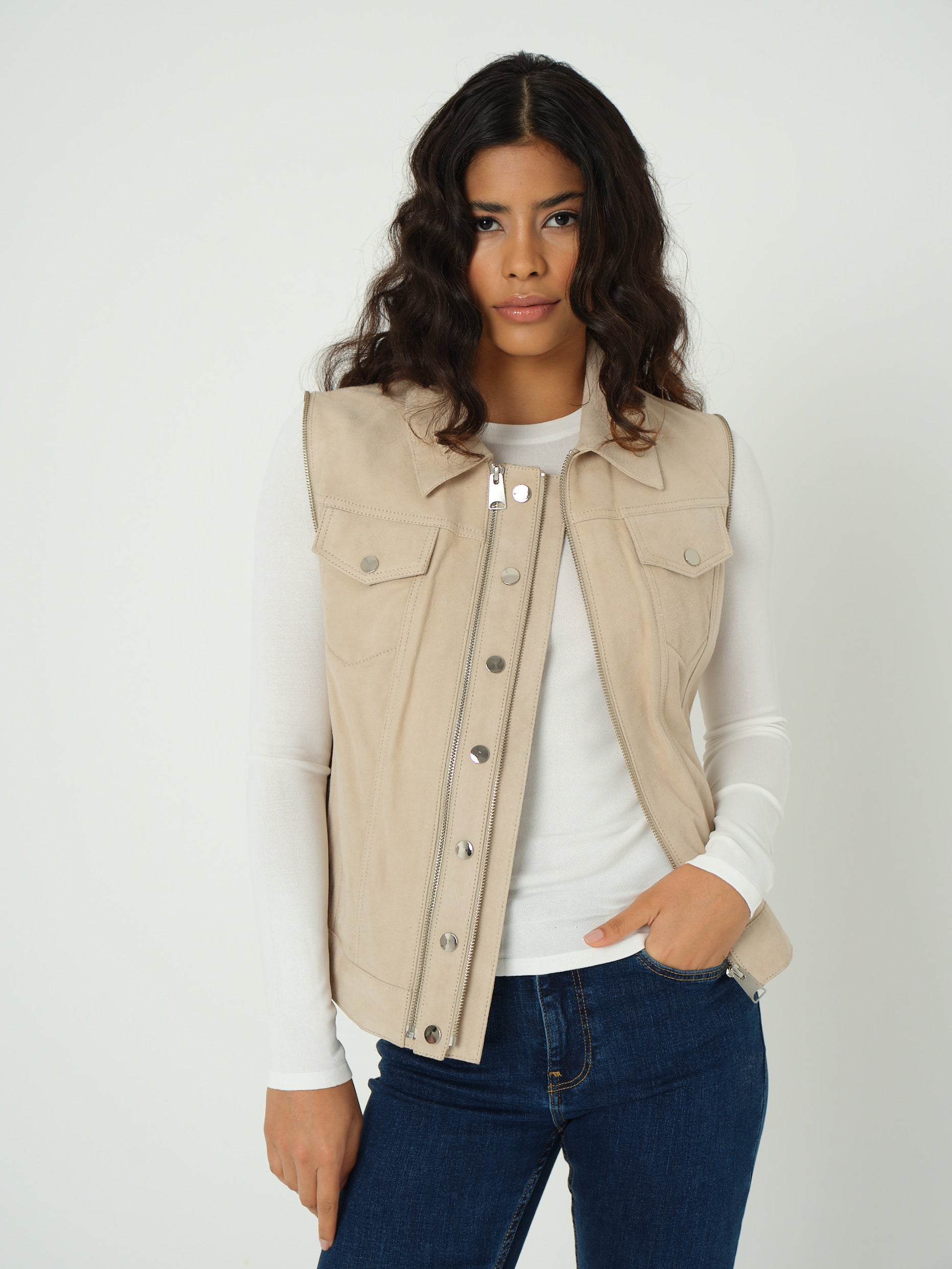 Detachable Sleeves Suede Biker Jacket and Waistcoat, Beige