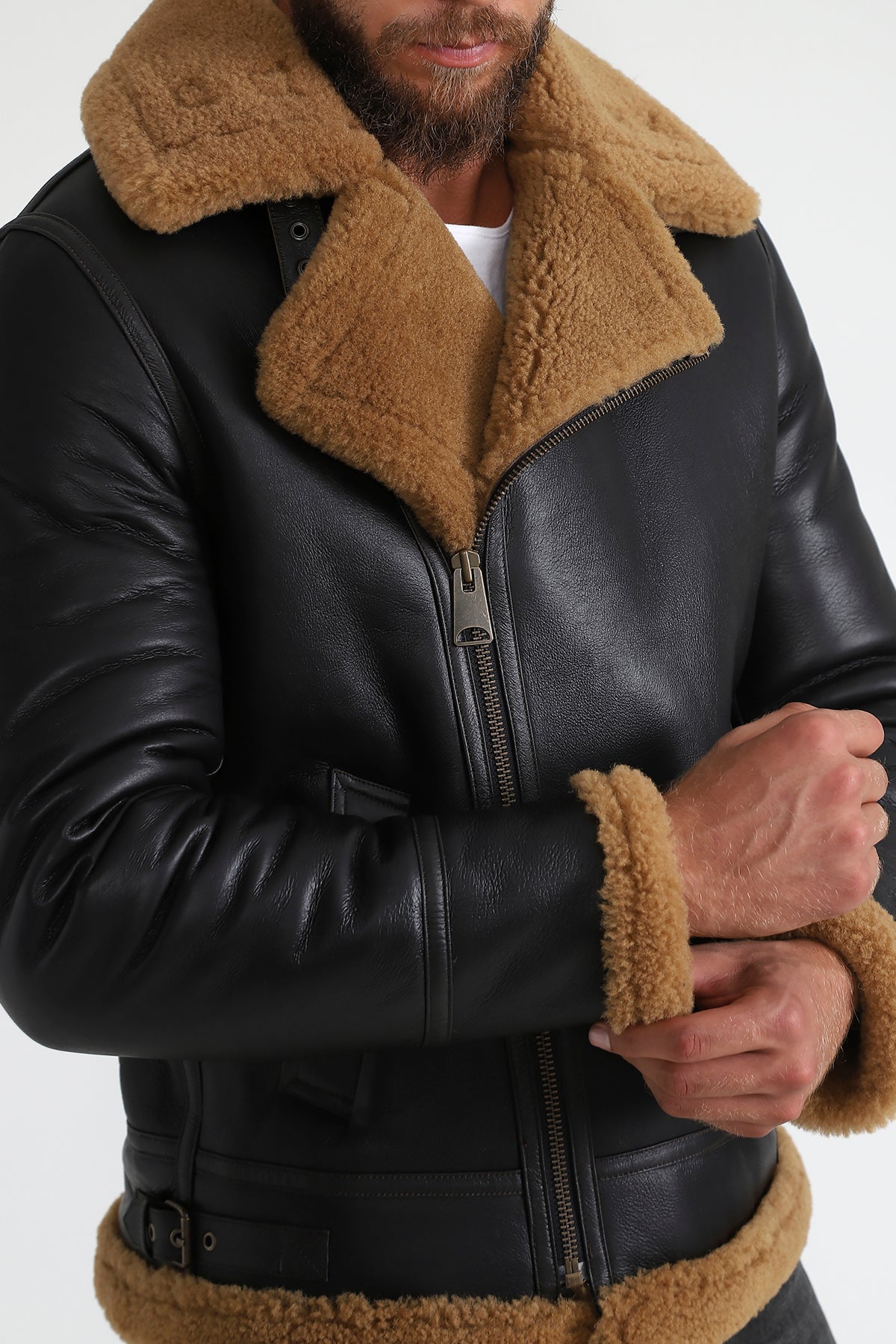 Shearling bikerjack voor heren, zijdebruin met gemberkrulwol