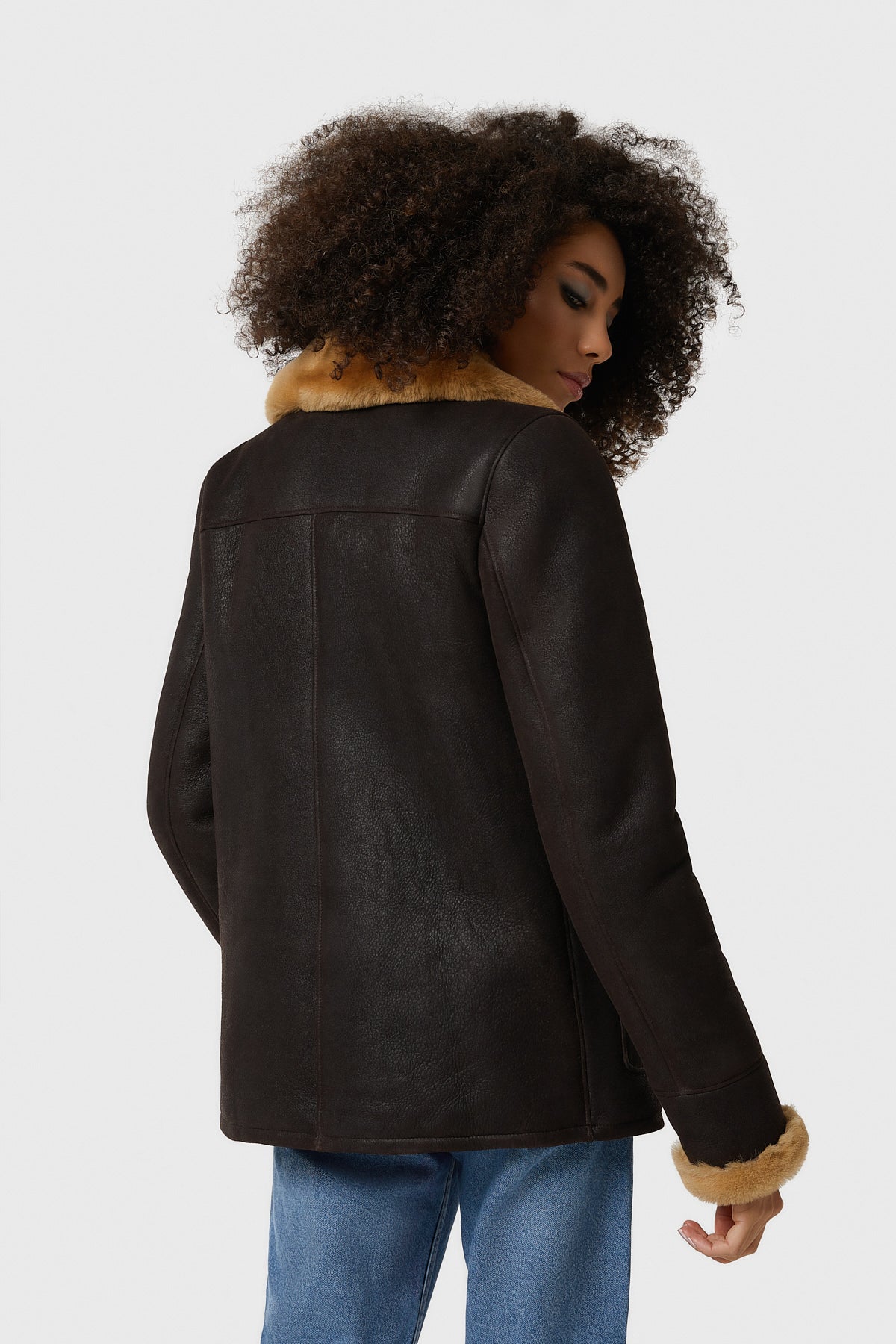 Shearling Peacoat voor dames, bruin gewassen met gemberwol