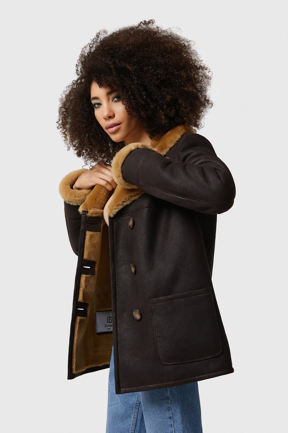 Shearling Peacoat voor dames, bruin gewassen met gemberwol