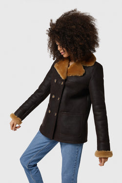 Image of Shearling Peacoat voor dames, bruin gewassen met gemberwol