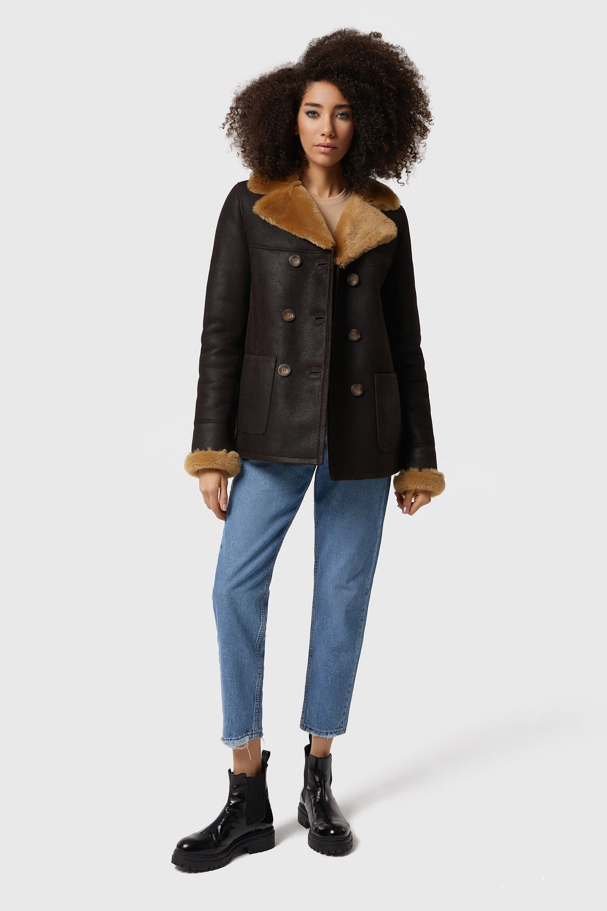 Shearling Peacoat voor dames, bruin gewassen met gemberwol