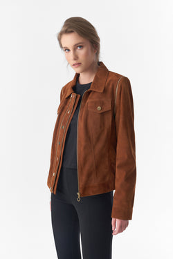 Image of Afneembare mouwen Suède bikerjack en gilet, Tan