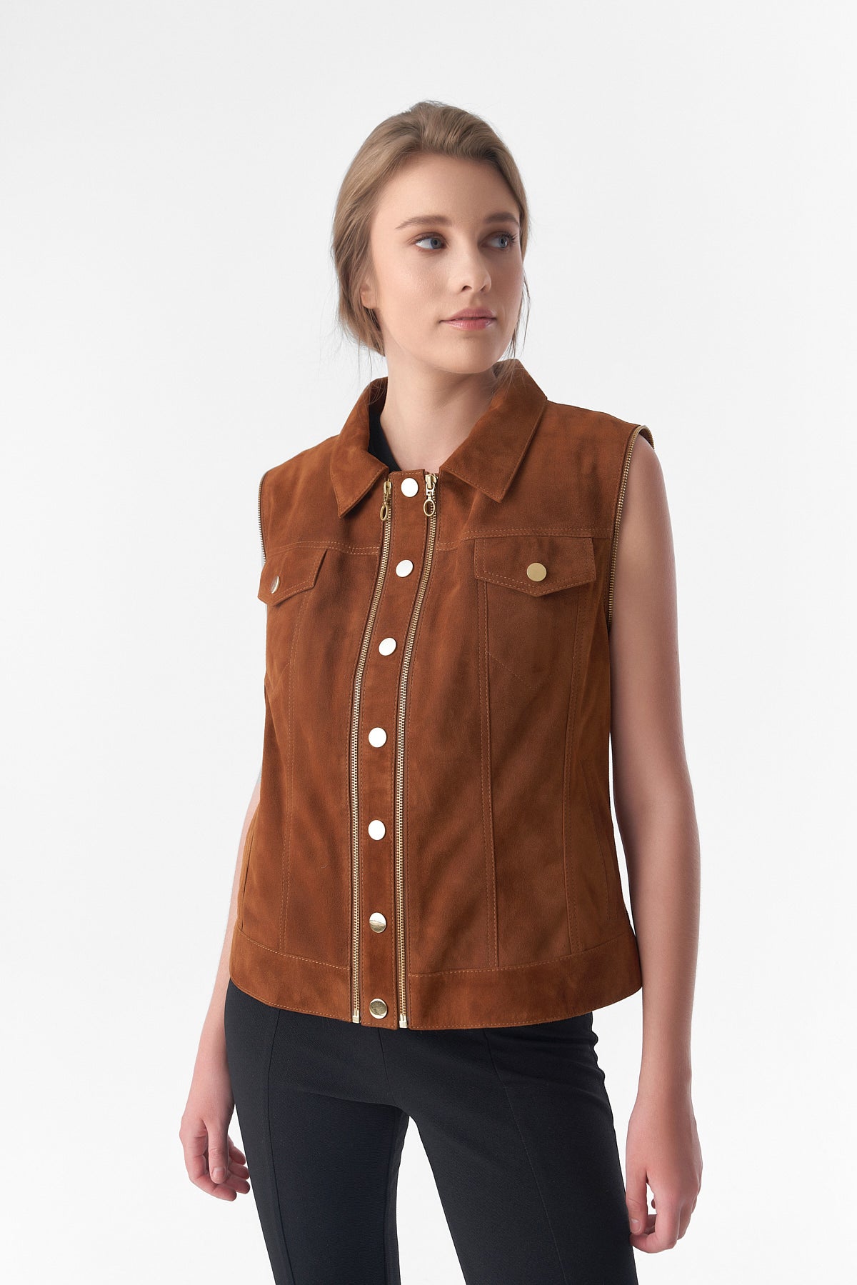 Afneembare mouwen Suède bikerjack en gilet, Tan