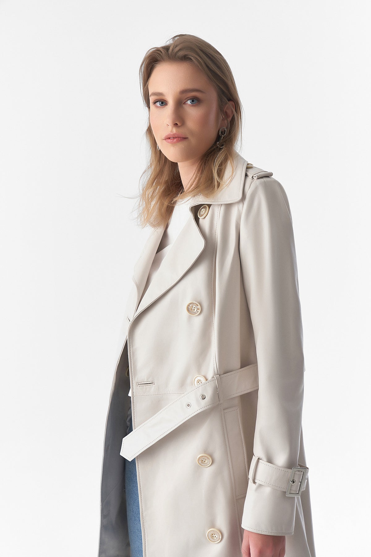 Trenchcoat van echt leer, beige