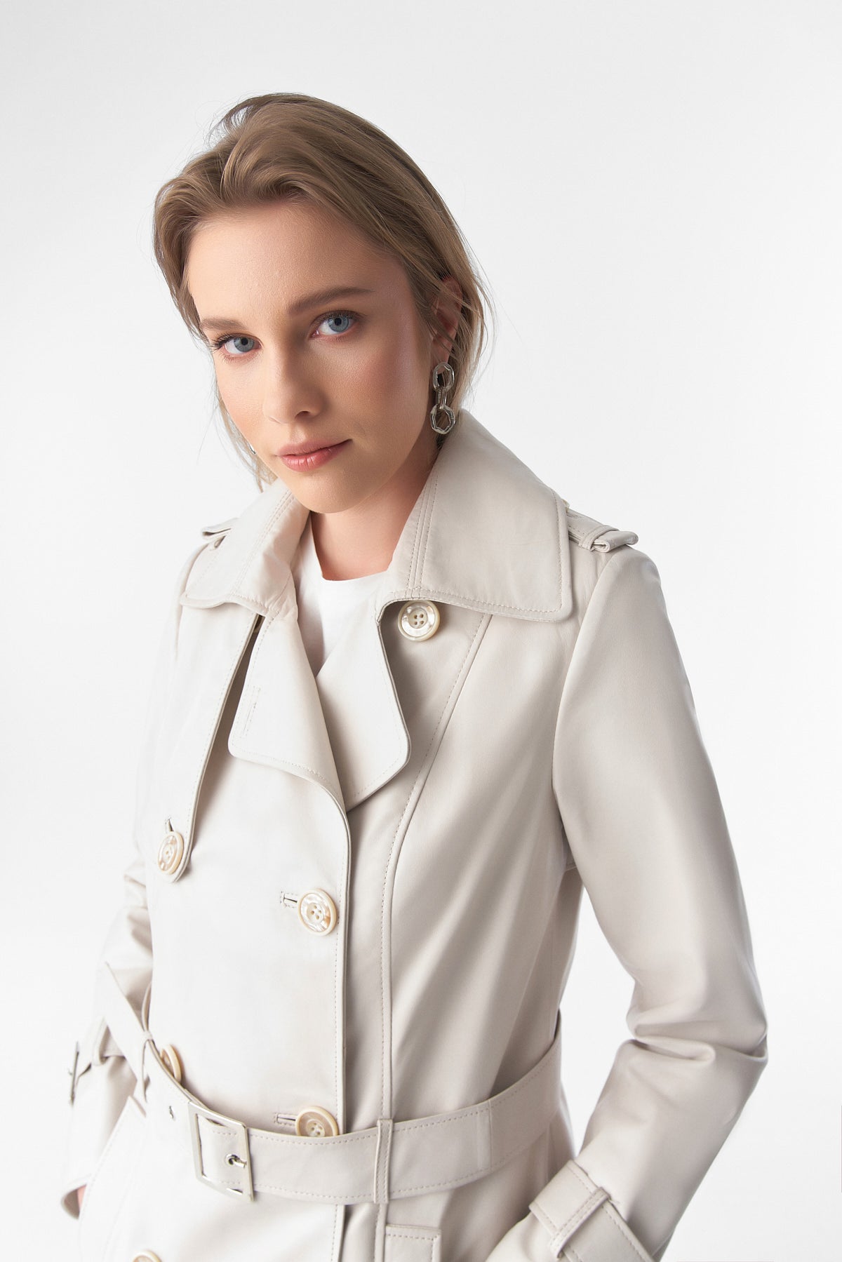 Trenchcoat van echt leer, beige