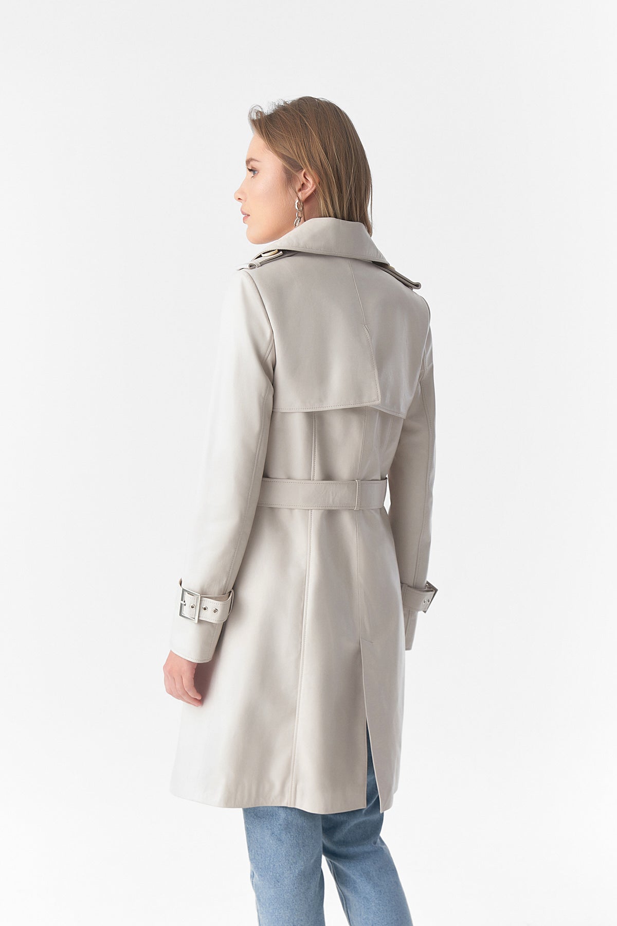 Trenchcoat van echt leer, beige