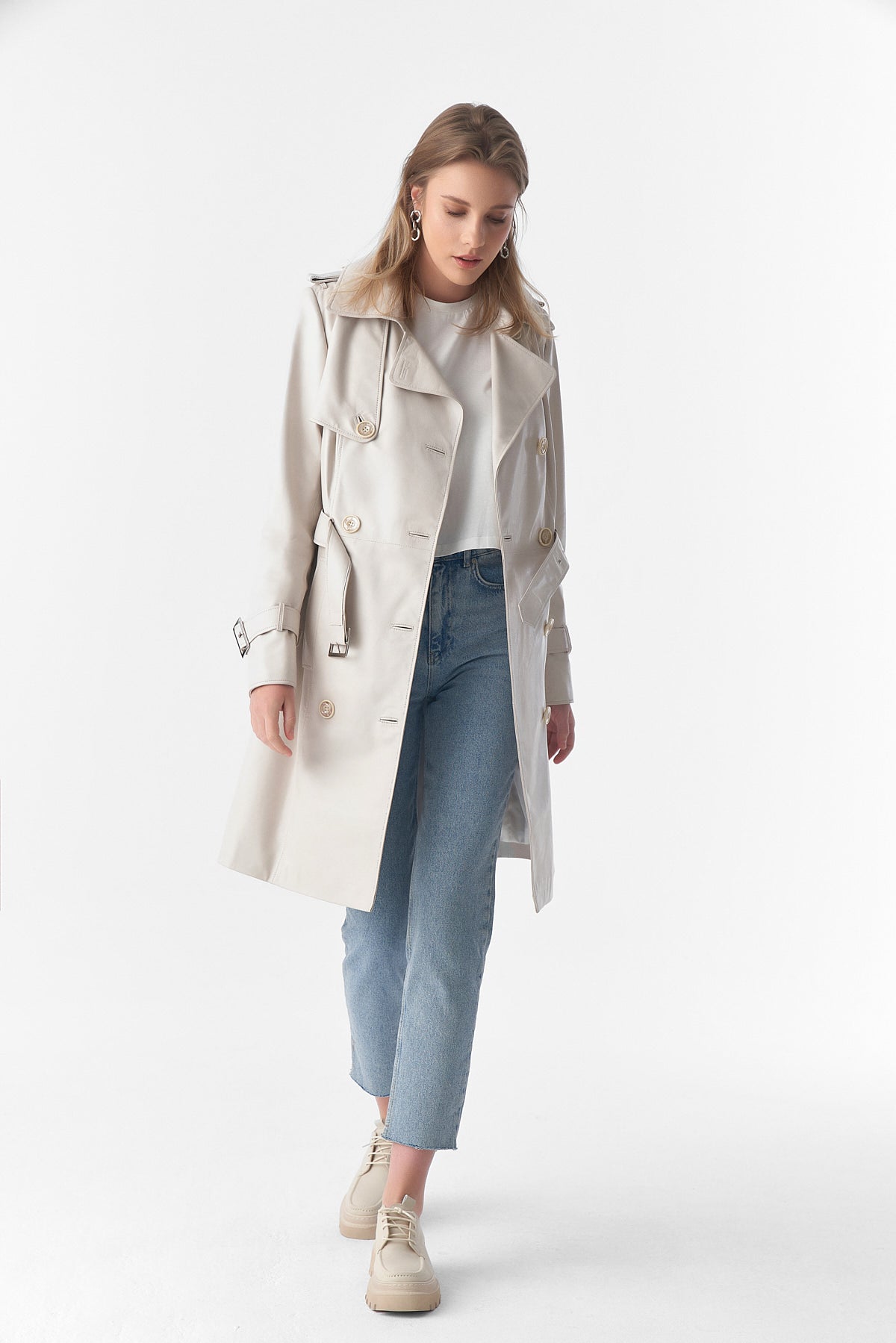 Trenchcoat van echt leer, beige