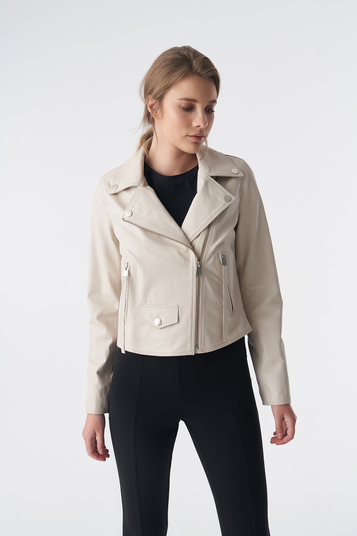 Klassiek bikerjack, beige nappaleer