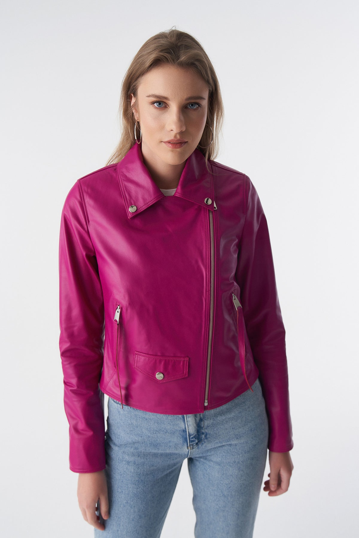 Klassiek bikerjack, fuchsia nappa