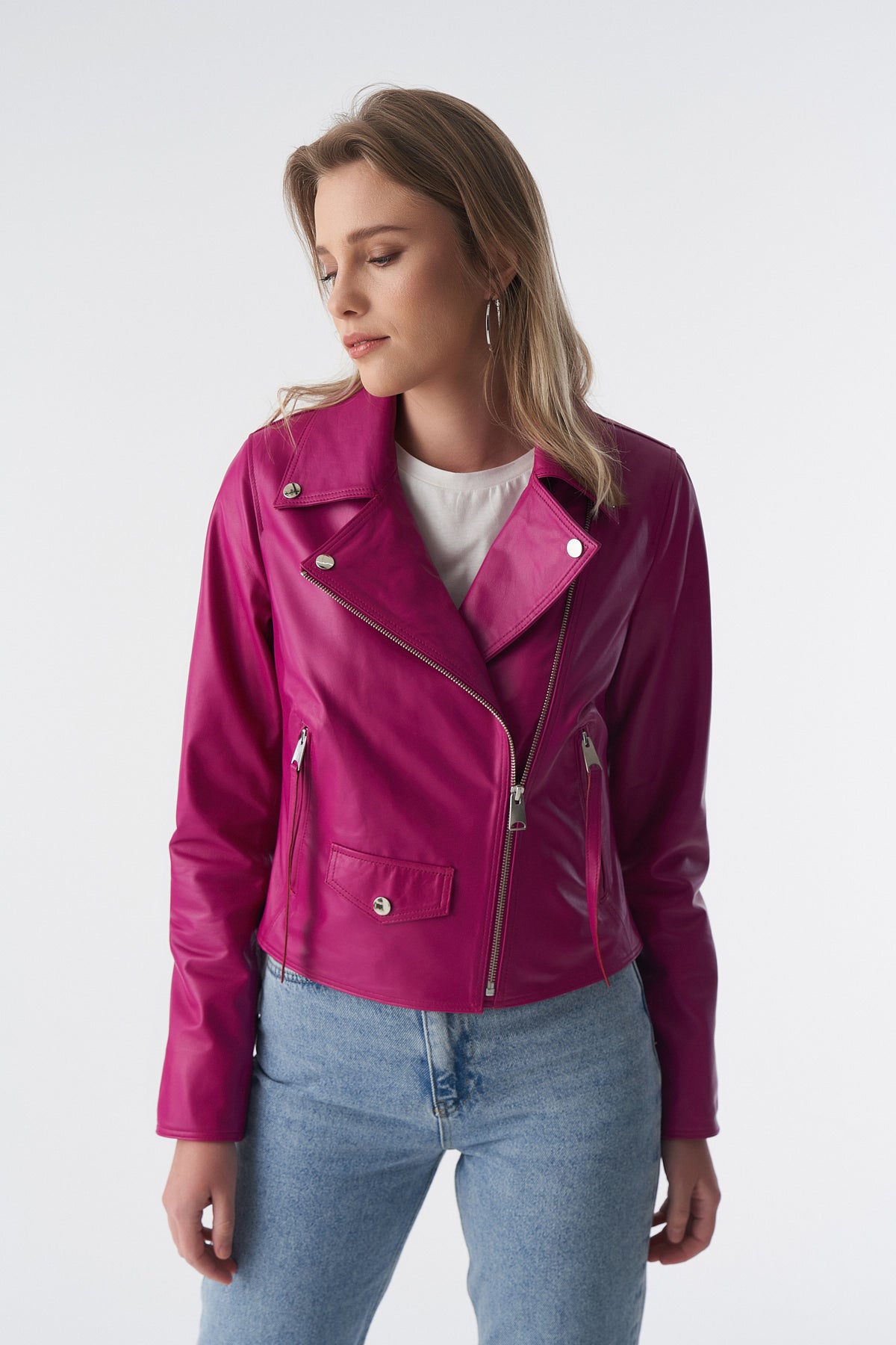 Klassiek bikerjack, fuchsia nappa