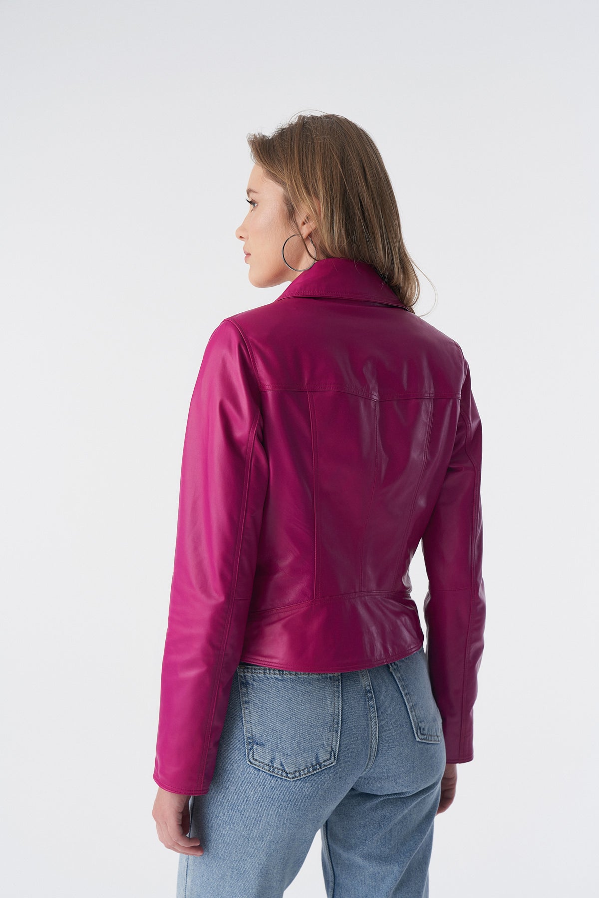 Klassiek bikerjack, fuchsia nappa