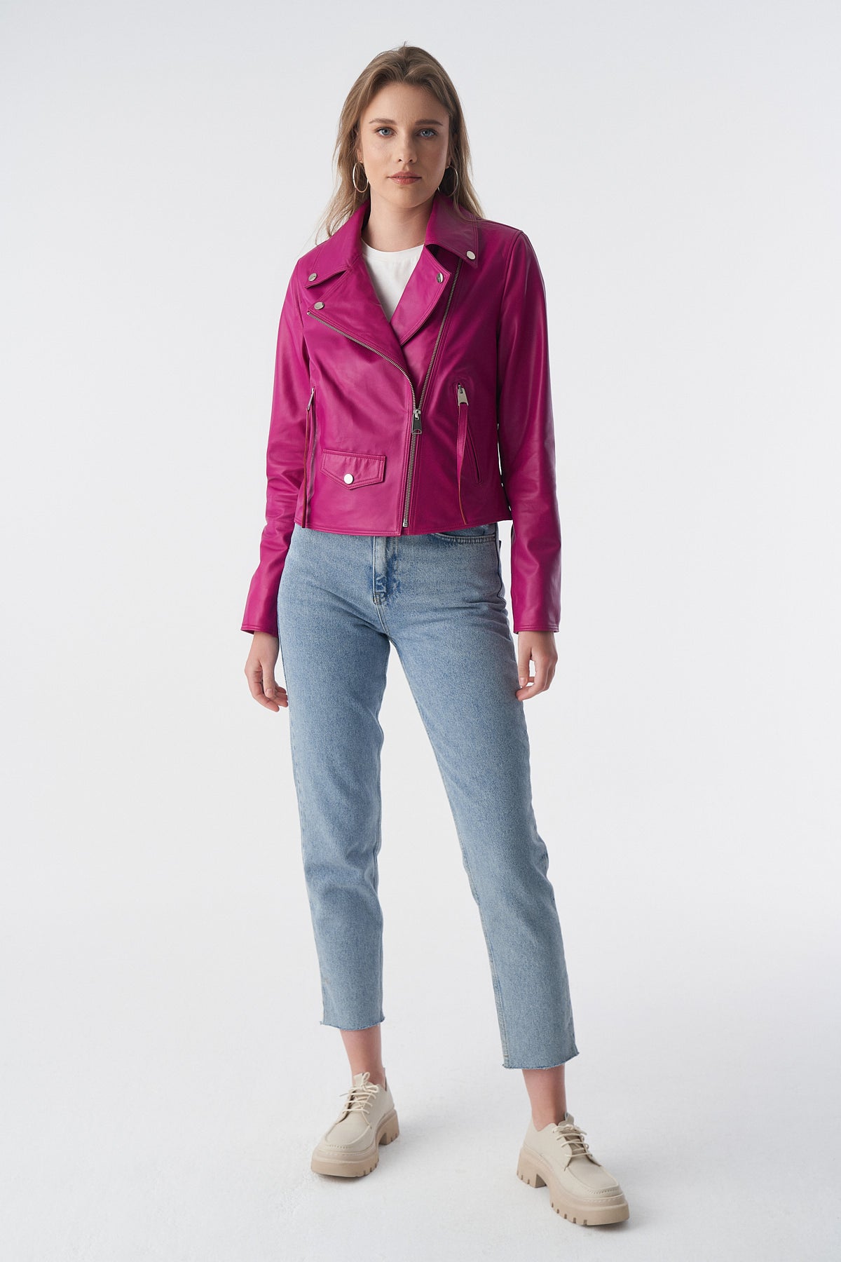 Klassiek bikerjack, fuchsia nappa