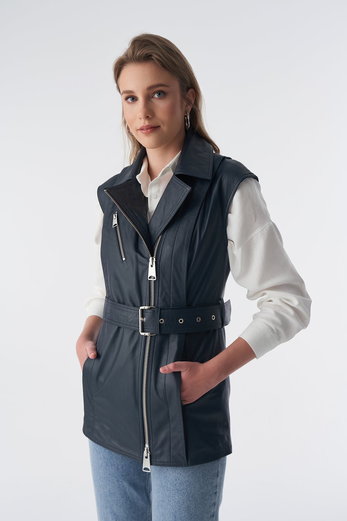 Echt leren gilet met riem, marineblauw