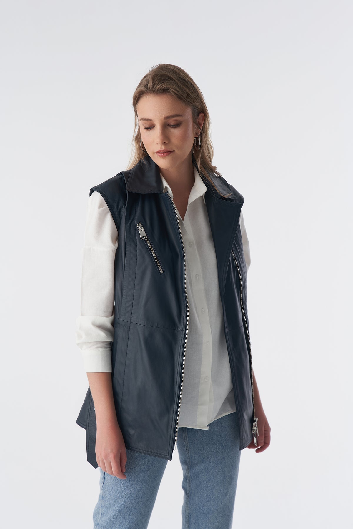 Echt leren gilet met riem, marineblauw