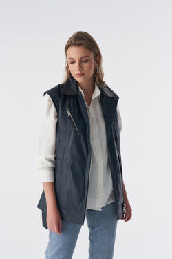 Image of Echt leren gilet met riem, marineblauw