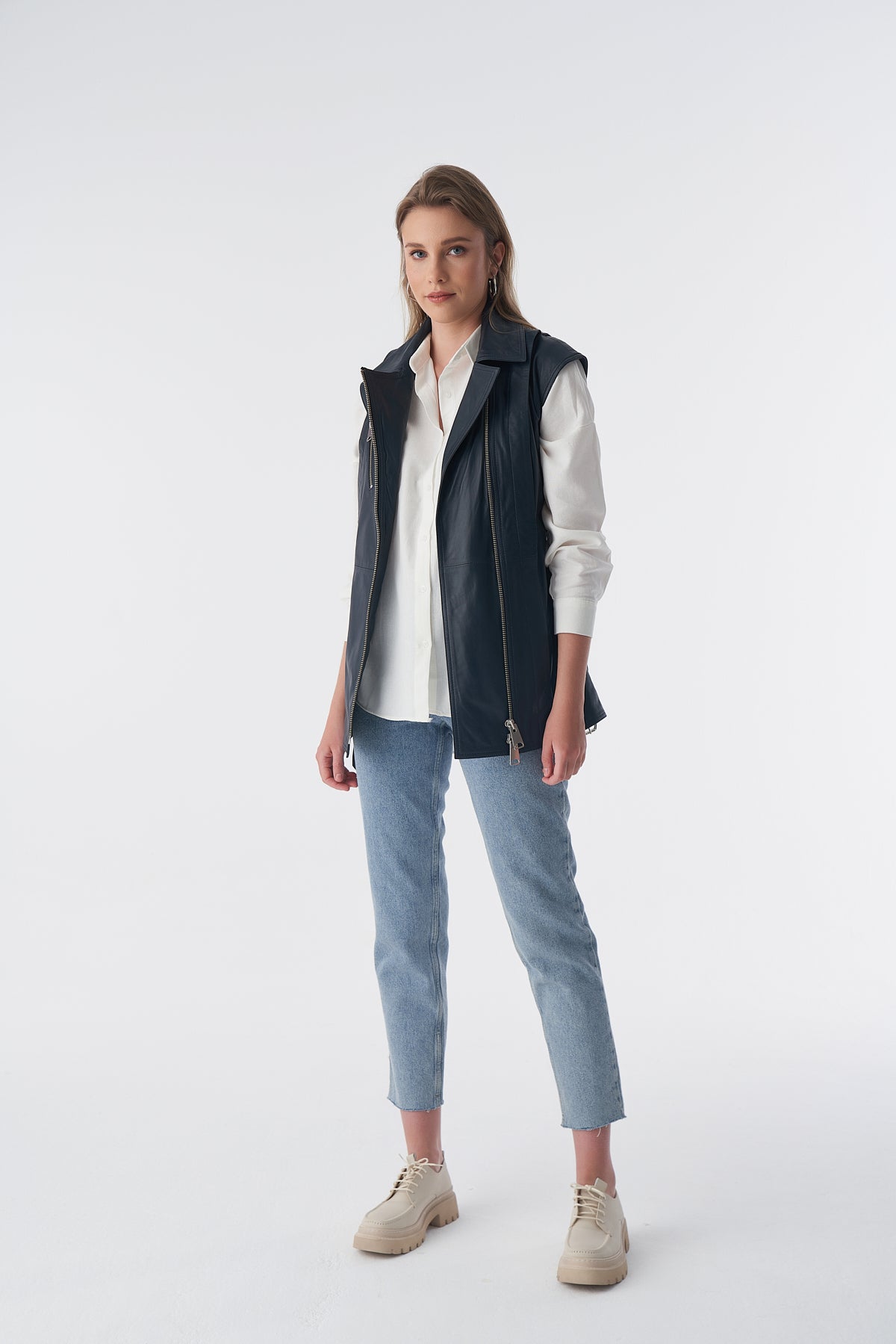 Echt leren gilet met riem, marineblauw