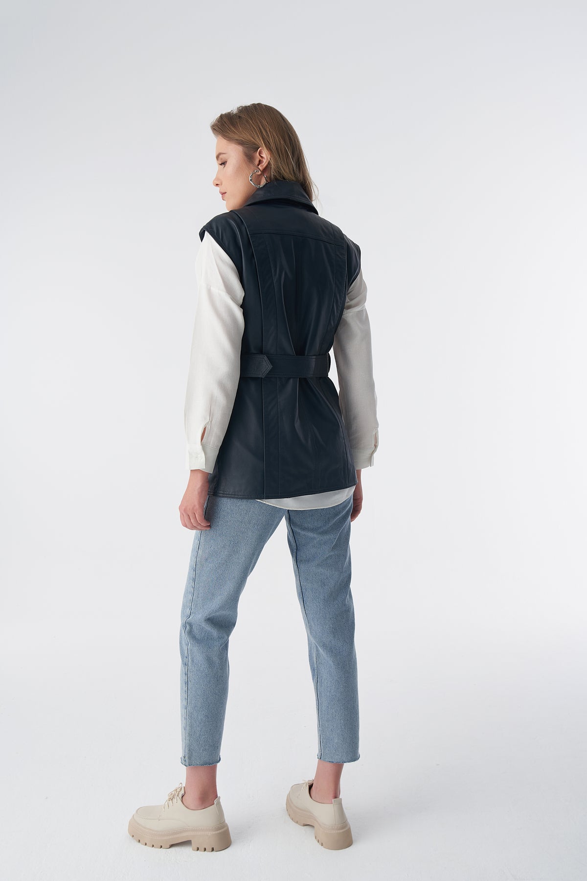 Echt leren gilet met riem, marineblauw